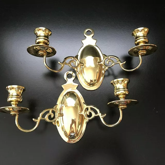 Vintage Pair Colonial Brass Double Arm Candle Wall Sconces Holders Scroll Arm