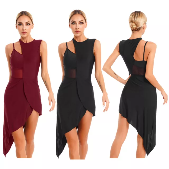 Femme Robe Danse Salsa Tango Asymétrique Robe Latine Rumba Chacha Sans Manches