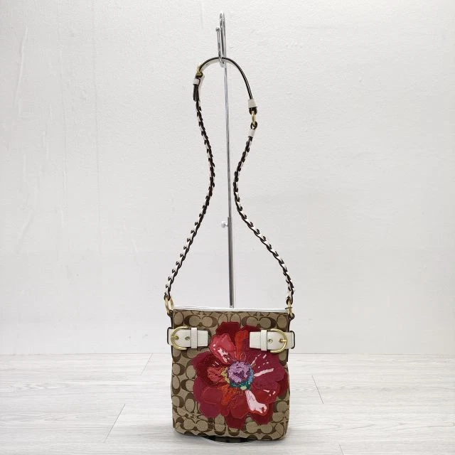 COACH Signature Flower Suede Nubuck Handbag Shoulder Bag Beige red 3-0523G◎