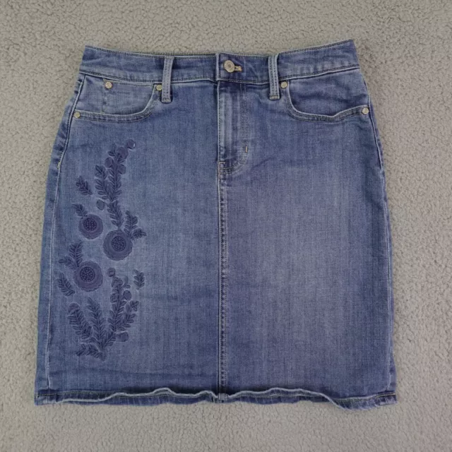 Talbots Jean Skirt Womens 2 Blue Pencil Embroidered Flower Floral Stretch Denim