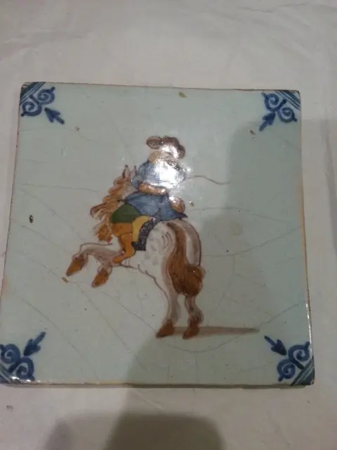 Antique 18th C Dutch Delft Hand Painted Soldier on Horseback Polychrome Tile. 6