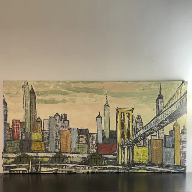 Vintage Mid-Century Modern Abstract Cityscape NYC Painting 1950s 24”x48” Impasto