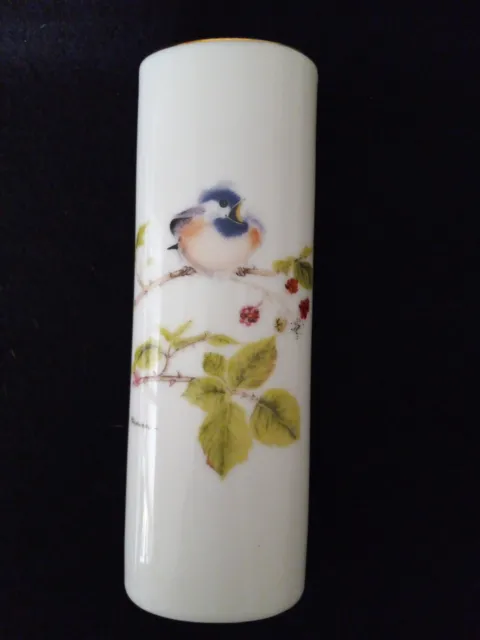 White Bud Vase w/Bird by OTAGIRI Japan Porcelain 6 1/2” Tall Cylinder V Pfeiffer