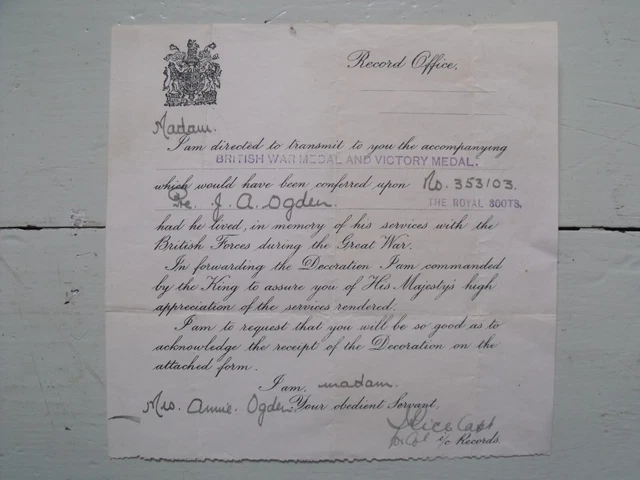 Rare Anitque Vintage ORIGINAL WW1 Royal Scots British War & Victory Medal Letter