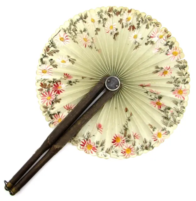 Antique Folding Fan Hand Painted Circle Daisy Daisies Flowers