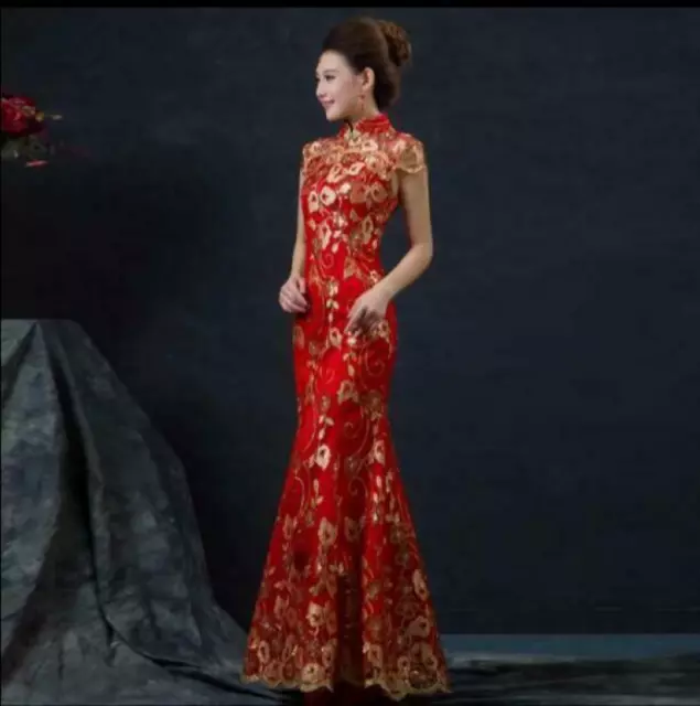 Abito da donna cinese Qipao sera abito da sposa Cheongsam pizzo vestibilità slim 3