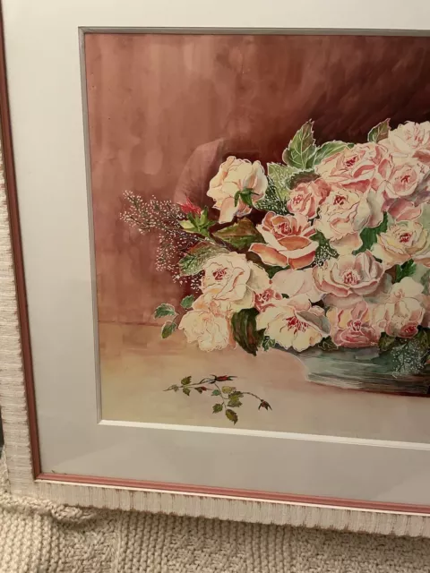 Antique Original 15X19” Rose Watercolor Painting French Flowers Pink OOAK 2