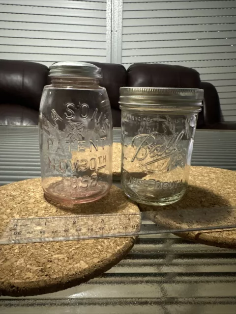 Vintage Mason Brockway Clear-Vu Glass Canning Jar With Metal Lid 1858 set 2pc