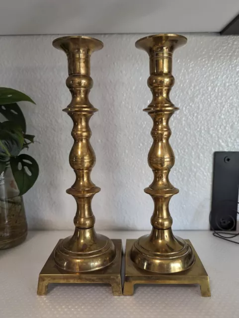 Vintage Pair (2) Heavy Solid Brass Candle Stick Holders Square Base - 10" Tall