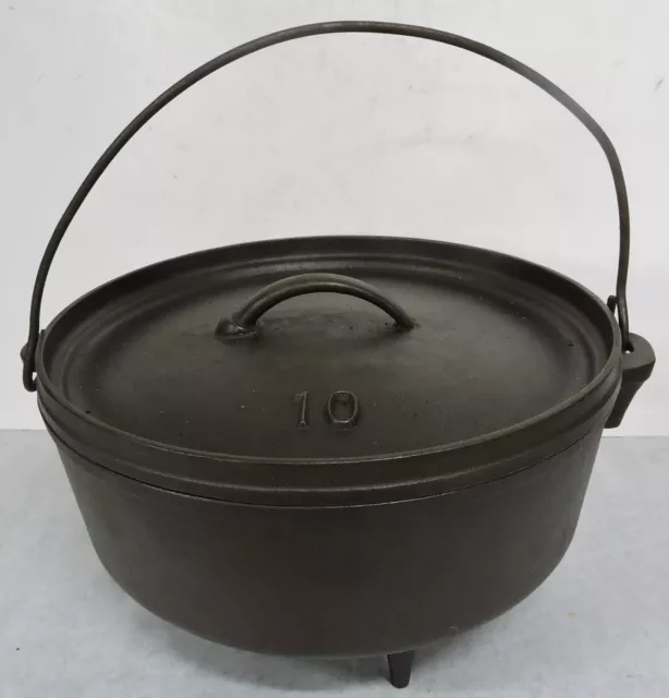 Antique Vtg #10 Cast Iron 3 Legged Camp Bean Pot Kettle W/Lid-No Makers Mark