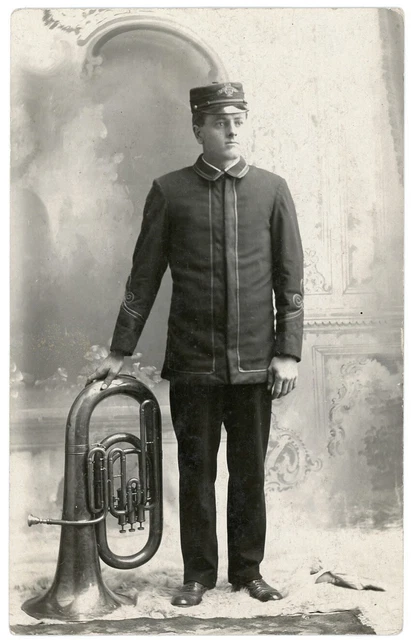 MUSICIAN IN UNIFORM NUMBERED CAP UPRIGHT PISTON VALVE Eb TUBA RPPC PHOTO