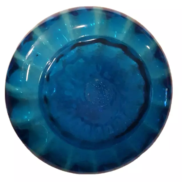 Vintage MCM Hand Blown Blue Ribbed Optic Art Glass Rose Bowl Ruffled 3