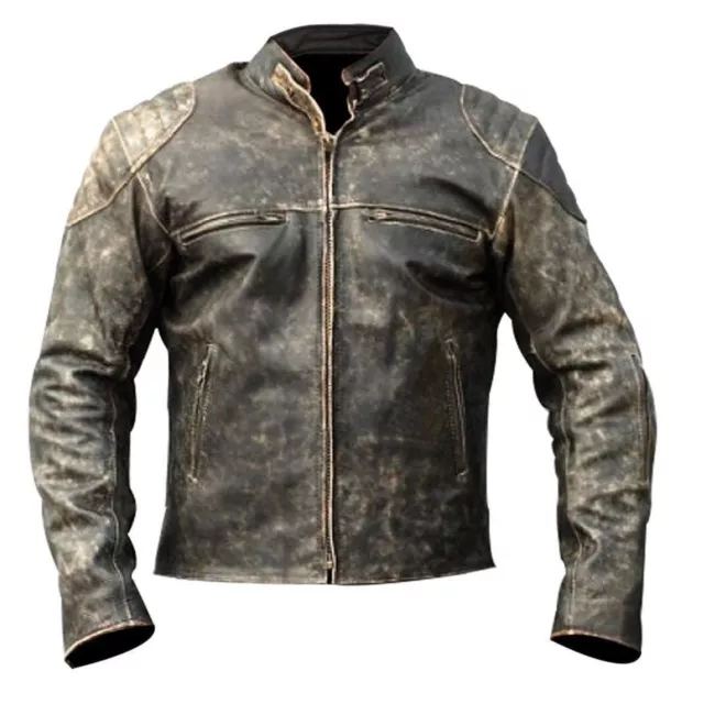 Mens Biker Motorcycle Vintage Style Cafe Racer Distressed Black  Leather Jacket