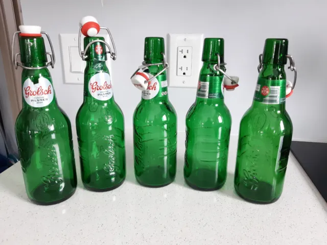 5 Empty Grolsch Premium Pilsener Beer Bottles with Swing Top Green Glass 450ml