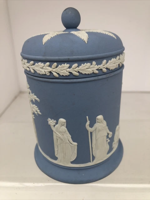 Wedgwood Jaspisware weiß auf blauem Topf klassisches Relief 13 cm