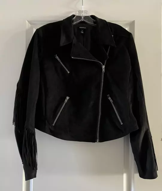 Torrid Black Full Zip Fringe Biker Moto Cropped Jacket Women's Faux Suede Size 0