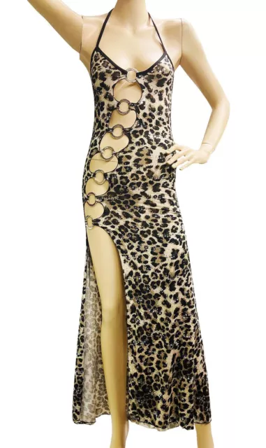 Long Leopard Print Dress Side Cut Out O-Ring Halter Neck Clubwear Animal