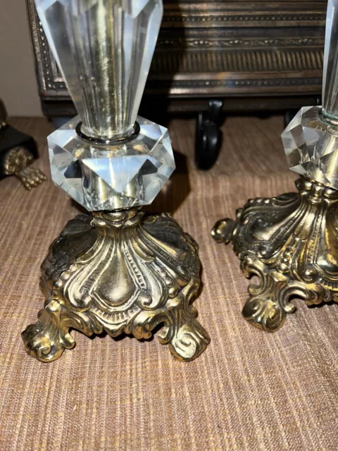 Pair Vintage Hollywood Regency Style Ornate Gold cast Brass  Candlestick Holders 3