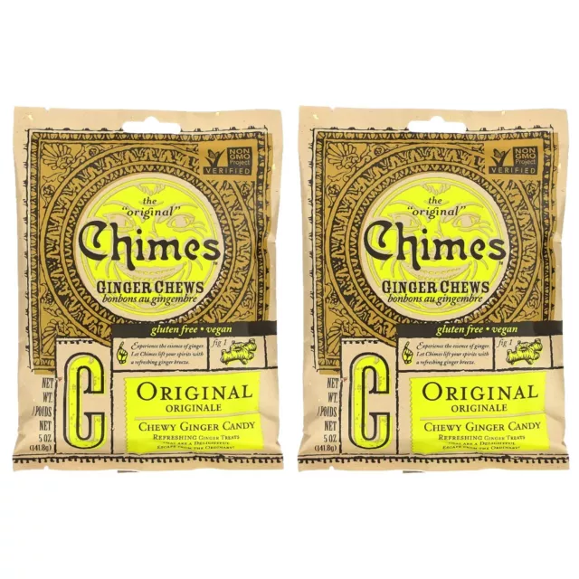 Chimes Original Ginger Chews Chewy Candy Vegan Gluten Free , 5 oz - 2 Pack