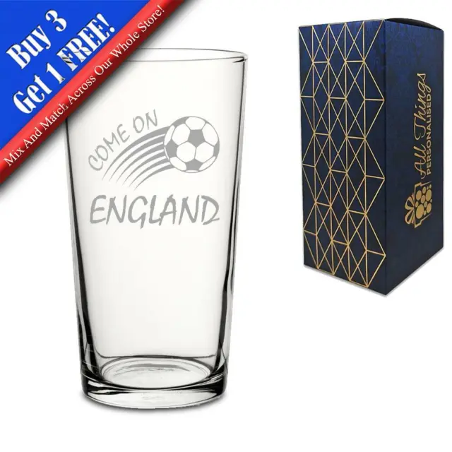 Engraved Football Perfect Pint Glass, Come On England Curved Football Design
