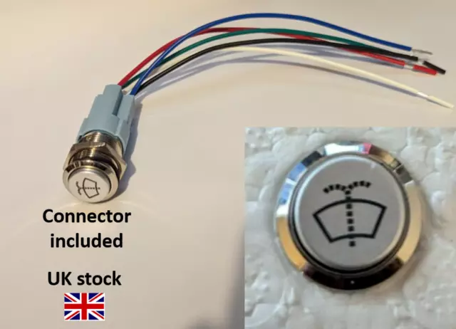 Chrome washer backlit momentary 12V 3A push button switch 16mm IP65 UK STOCK