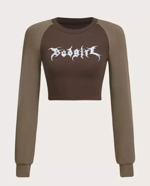 Womens Size 12-14 UK Brown Bad Girl Embroidery Crop Top T-Shirt New L Rocker Alt