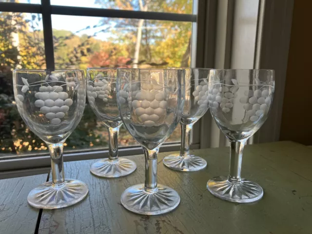 Vintage 1950s Etched Crystal Sherry Cordial Wine Stemware Glasses set of 5 3