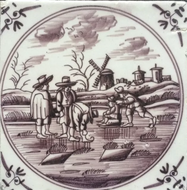 Antique Dutch Delft Tile Ice-Scene Circa 1750