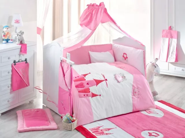 9 Tlg XXL Großes Babybett set bestickt Lange Seitenumrandung 100% Baumwolle