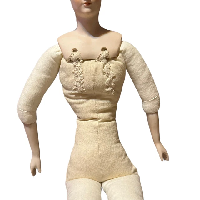 Bisque Porcelain Doll Cloth Soft Body Brown Hair Victorian Vtg Antique 18” 3