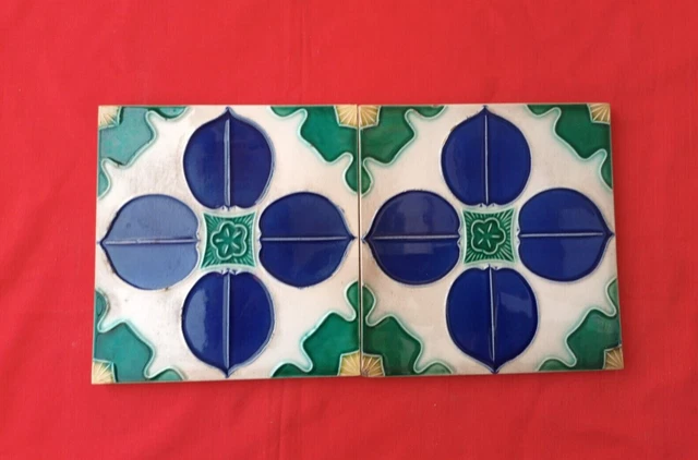 2 Piece Old Art Flower Design Majolica Ceramic Tiles Japan 0103