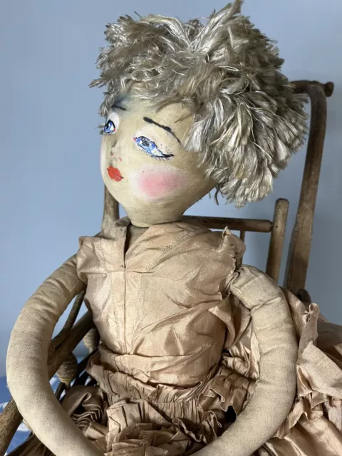 Early 30” Cloth Boudoir Handmade Antique Doll .Original Taffeta Ruched Gown/Pin 2