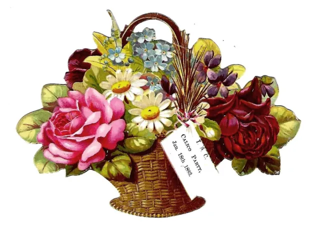 c1890 Trade Card Basket of Flowers Die Cut, T.S.C. Calico Party