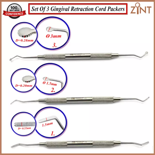 Set Of 3 Retraction Cord Packers Dental Sulcus Pack Placing Gingival Retraction