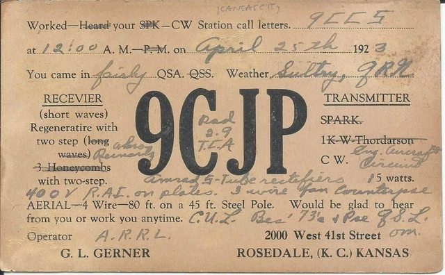 Vintage Ham Radio Qsl Cards 1923  9Cjp   Rosedale, Ks.