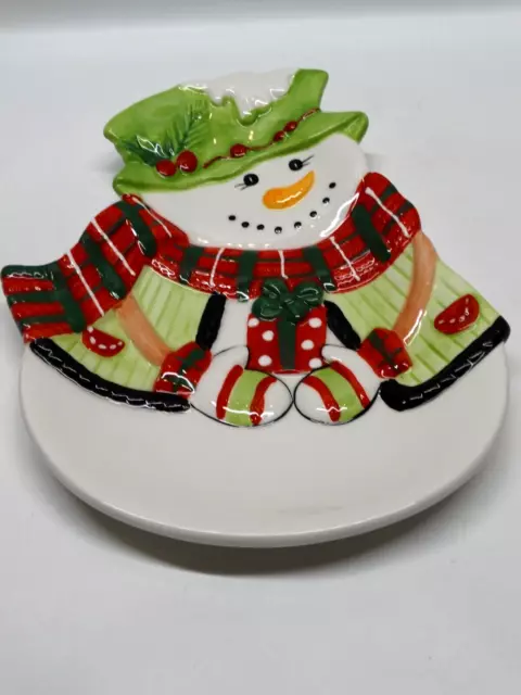 Fitz & Floyd Holly Hat Snowman Decorative Christmas Dish EUC