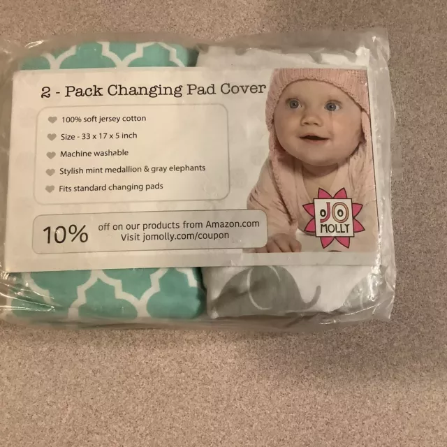 JoMolly -2 Pack Changing Pad Cover -33x17x5 -Mint Medallion & Gray Elephant