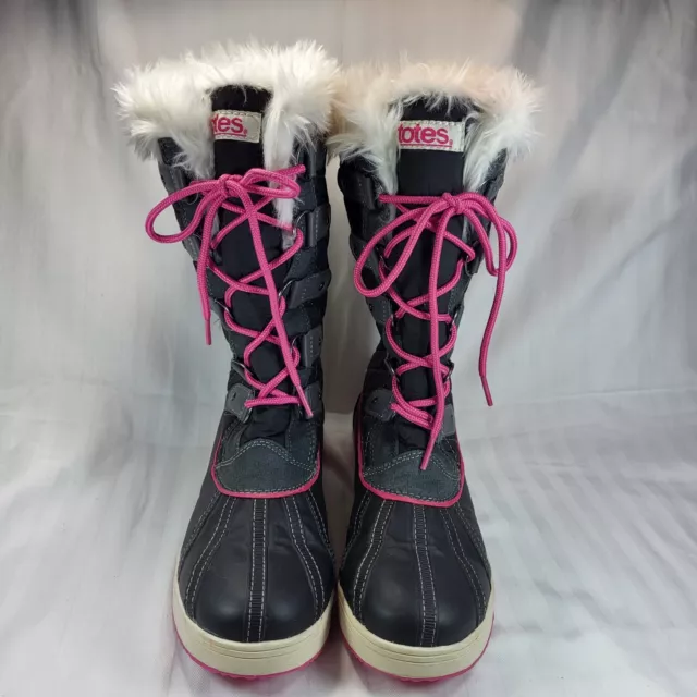 TOTES Snow BOOTS Girls Size 5 Med Suri Black Gray w/ Pink Lace Up Faux Fur 3