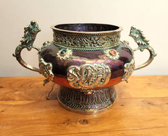 Asian Copper Brass Censor Vessel Dragon Handles Motif Carnelian Jasper Cabochon