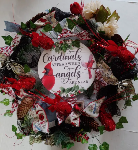 Mother's Day Beautiful Cardinals Appear when Angel Are Near 24" Deco Mesh Wreath