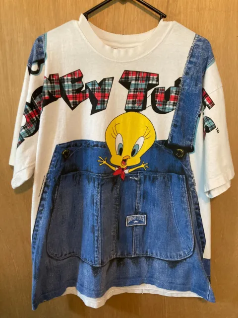 1996 Looney Tunes Tweety Bird Sylvester T-Shirt XL Work Wear Overalls Front-Back
