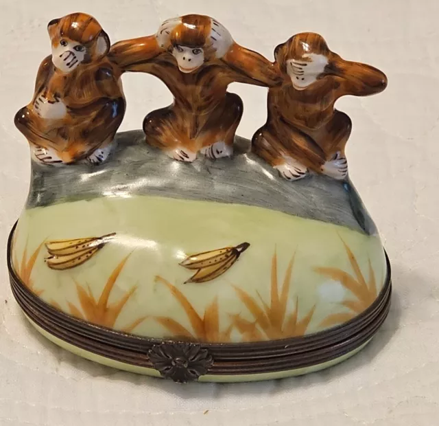 VTG. 3 Wise Monkeys Limoges  Trinket Box w 1946 Inscribed  Prayer Book Inside