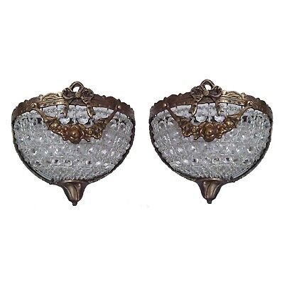 Pair Antique Replica Dumi Lune Crystal Basket French Empire Small Wall Sconces