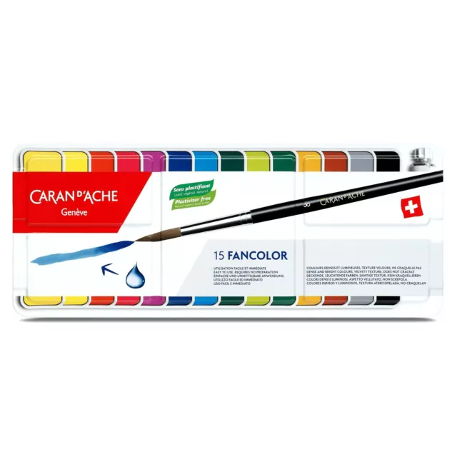 Caran D'Ache Fancolor Gouache 15 Acuarela Starter Pintura Set Lata Bandejas New