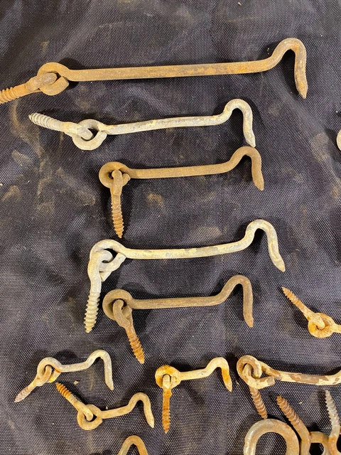 Vintage lot Metal Door Latch Hooks Barn Gate Locks Eyelets Threaded Steel Catch 2