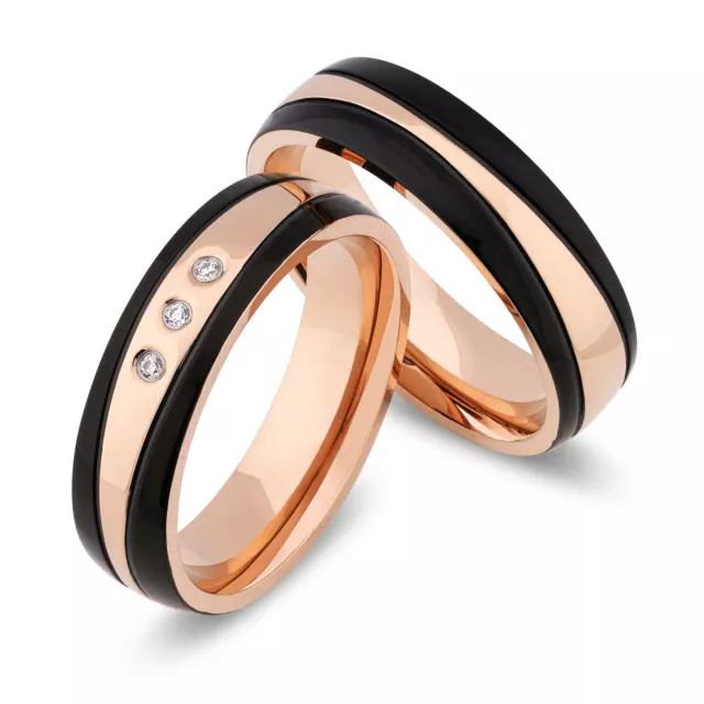 Anneau Alliances Bague de Couple Fiançailles Acier Inox Rose Noir + Gravure De