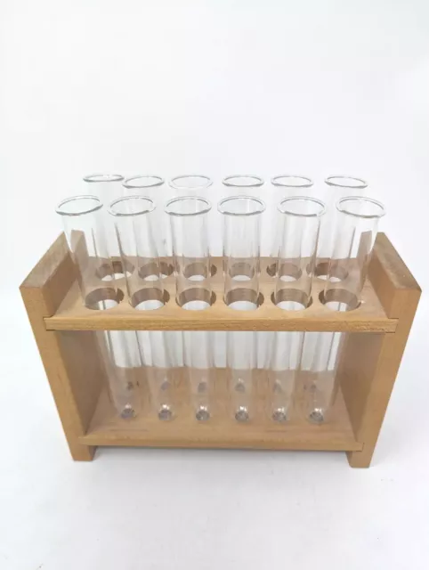 Vintage Glass Test Tubes Set Of 12 with Wooden Rack Stand Holder