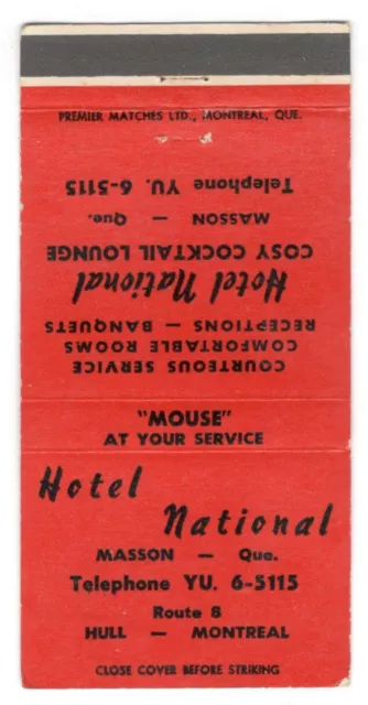 Hotel National Montreal Quebec Canada Vintage Matchbook Cover B69