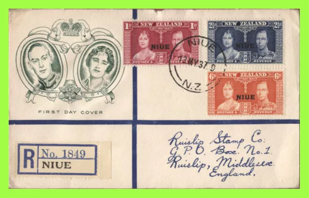 Niue 1937 KGVI Coronation set on reg. illustrated First Day Cover