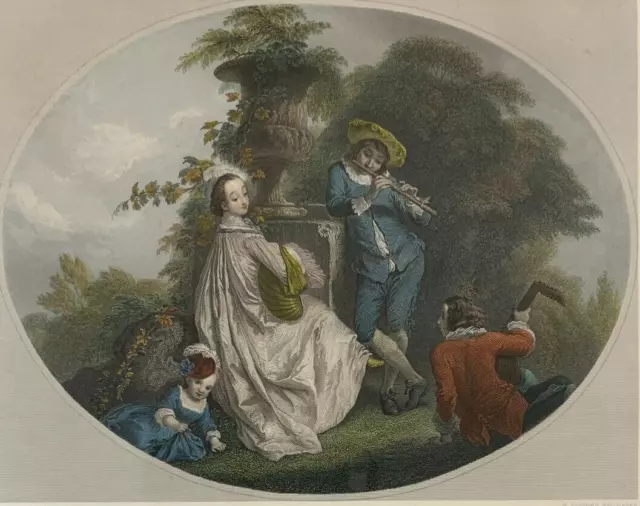 Antique Hand Coloured Etching engraving The Garden. H. Bourne, A Watteau 1854